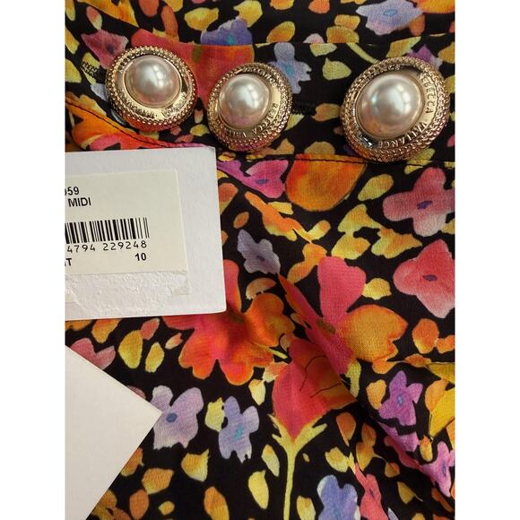 Rebecca Vallance Dress Womens 10 Black Multi Arles Midi Floral Pearl Buttons - Picture 6 of 12